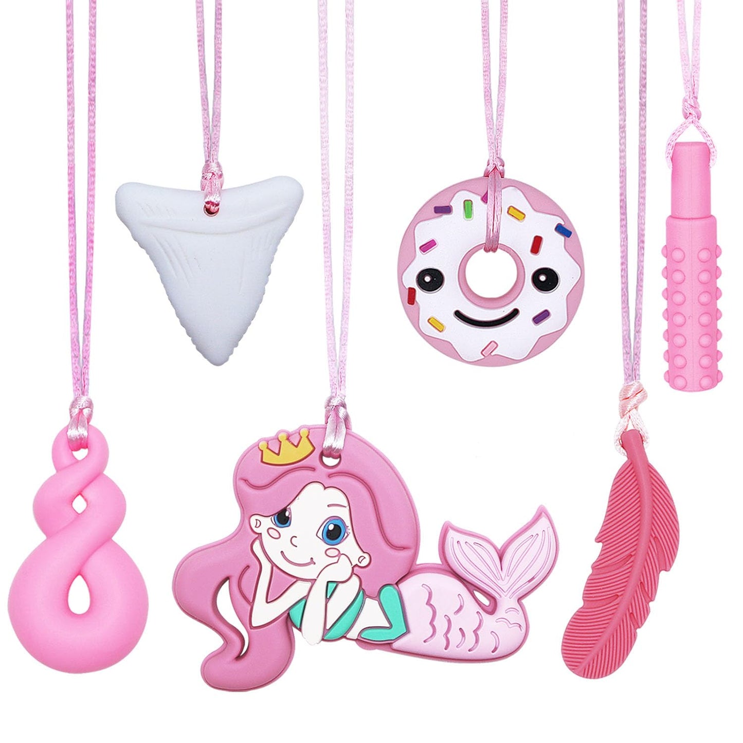 Chew Necklaces for Sensory Kids Adults, 6 Pack Silicone Sensory Chew Toys for Autistic Children with ADHD/SPD/Autism/Anxiety, Pink Chewy Necklace Stim