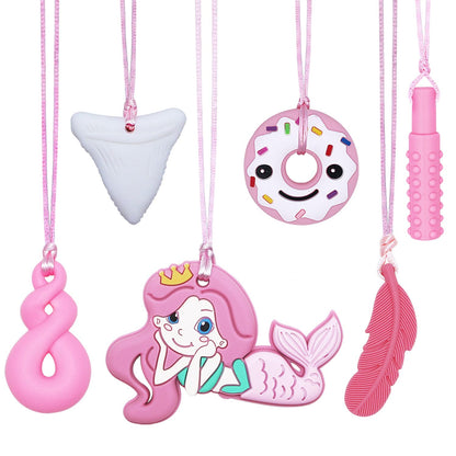 Chew Necklaces for Sensory Kids Adults, 6 Pack Silicone Sensory Chew Toys for Autistic Children with ADHD/SPD/Autism/Anxiety, Pink Chewy Necklace Stim