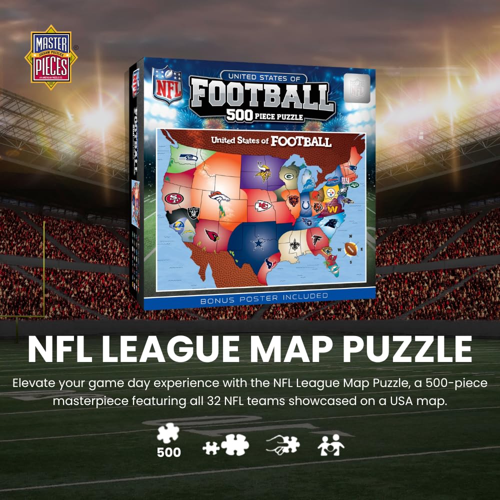 MasterPieces Sports Puzzle - All Teams 500 Piece Jigsaw Puzzle for Adults - NFL League Map Puzzle - 24"x18"