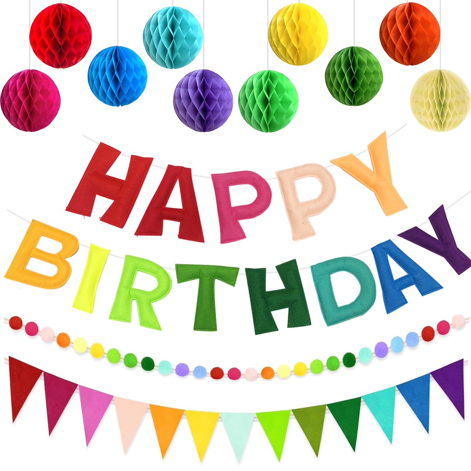 Pre-Strung Happy Birthday Decoration, Fabric Felt Birthday Banners Poms Pom Party Garland Felt Pennant Flag With 10PCS Honeycomb Balls, Reusable Party