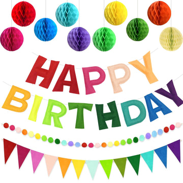 Pre-Strung Happy Birthday Decoration, Fabric Felt Birthday Banners Poms Pom Party Garland Felt Pennant Flag With 10PCS Honeycomb Balls, Reusable Party