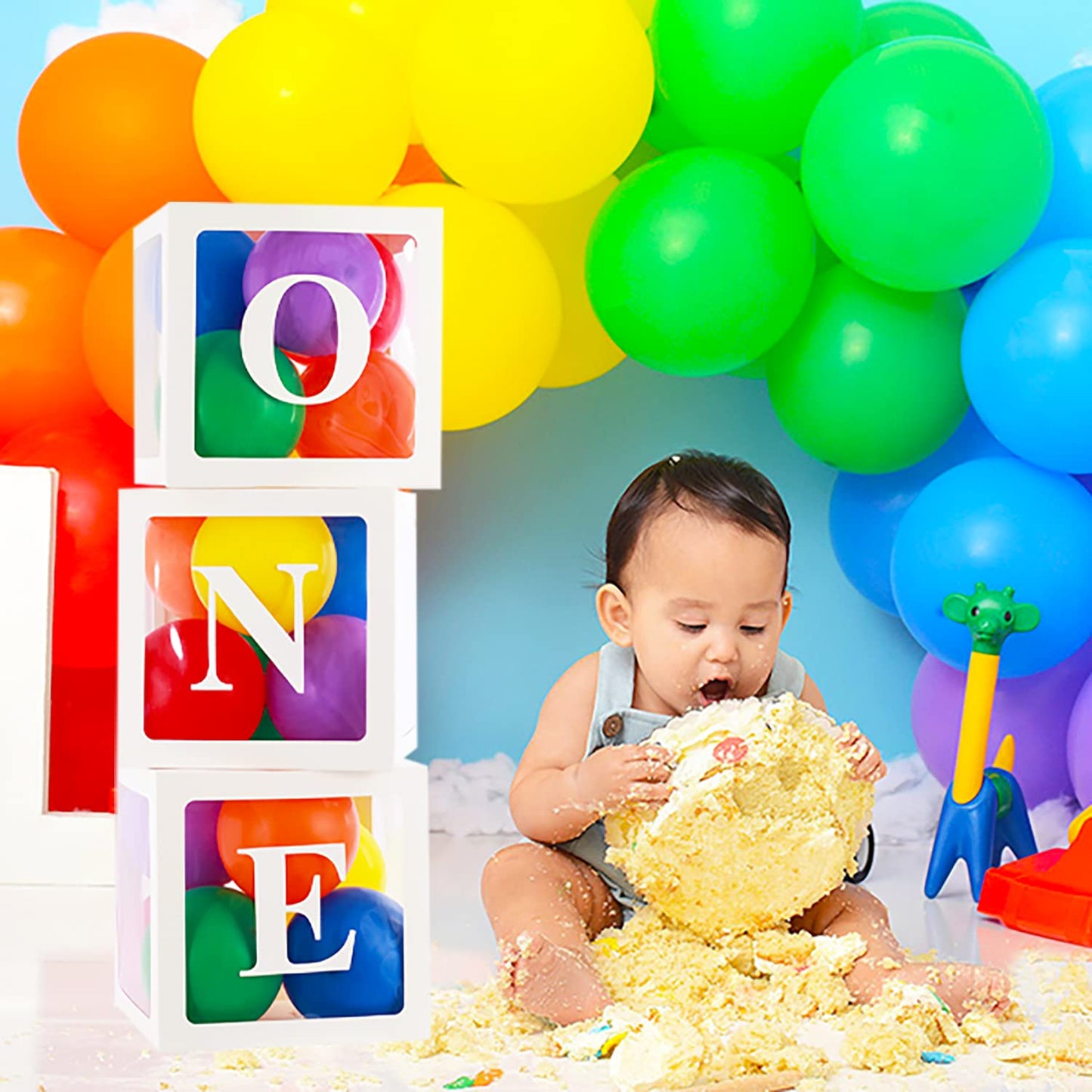 First Birthday Decorations for Boy Girls, ONE Balloon Boxes with Rainbow Balloons, ONE Blocks for Cartoon Watermelon Street Rainbow Theme Baby 1st