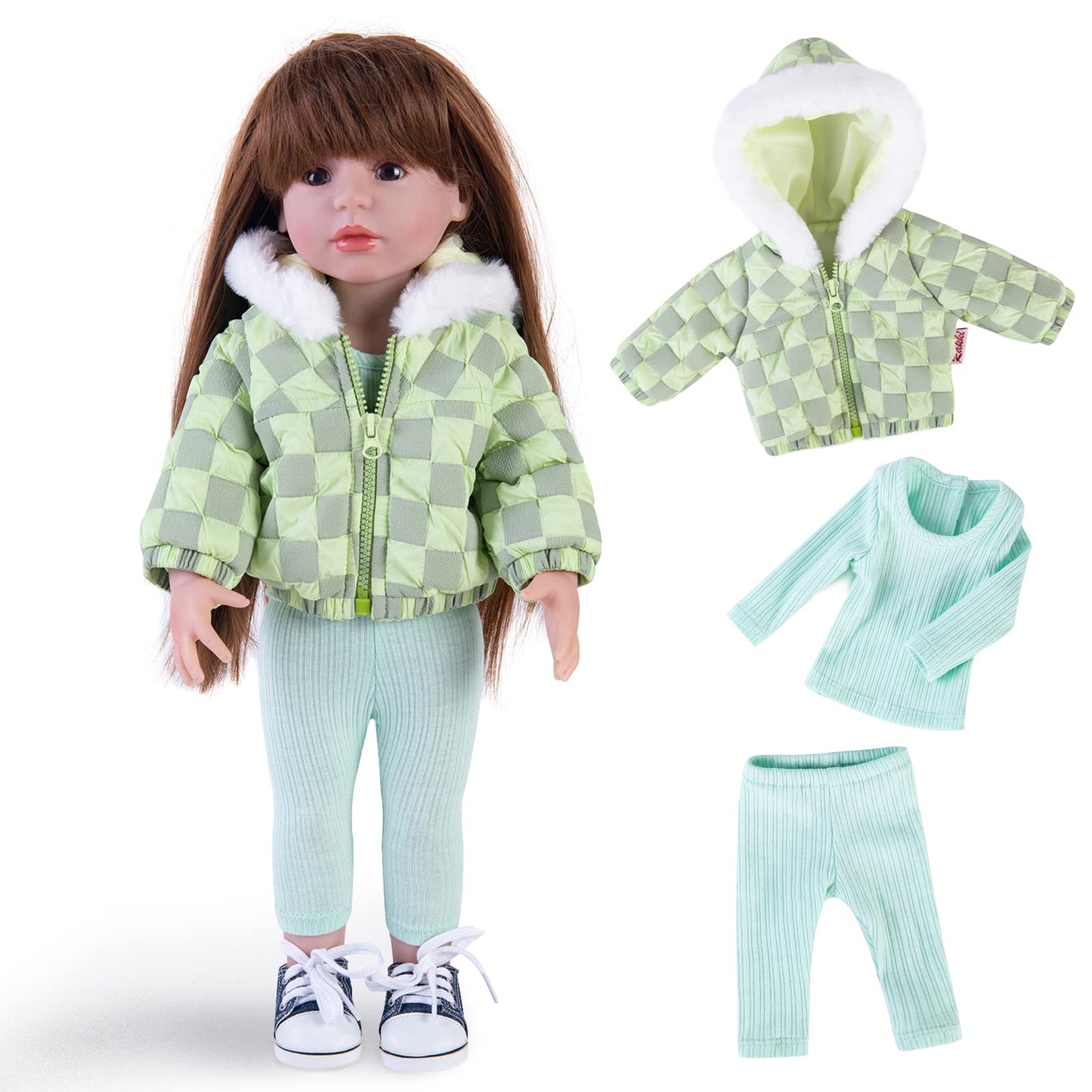 Rakki Dolli Doll Clothes 3 Pc. Set Light Green Grey Plaid Hooded Thick Coat Checkerboard Jacket with Long Sleeve, Warm Doll Outfit Hoodie Snowsuit