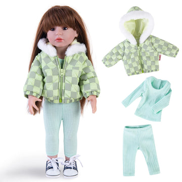 Rakki Dolli Doll Clothes 3 Pc. Set Light Green Grey Plaid Hooded Thick Coat Checkerboard Jacket with Long Sleeve, Warm Doll Outfit Hoodie Snowsuit