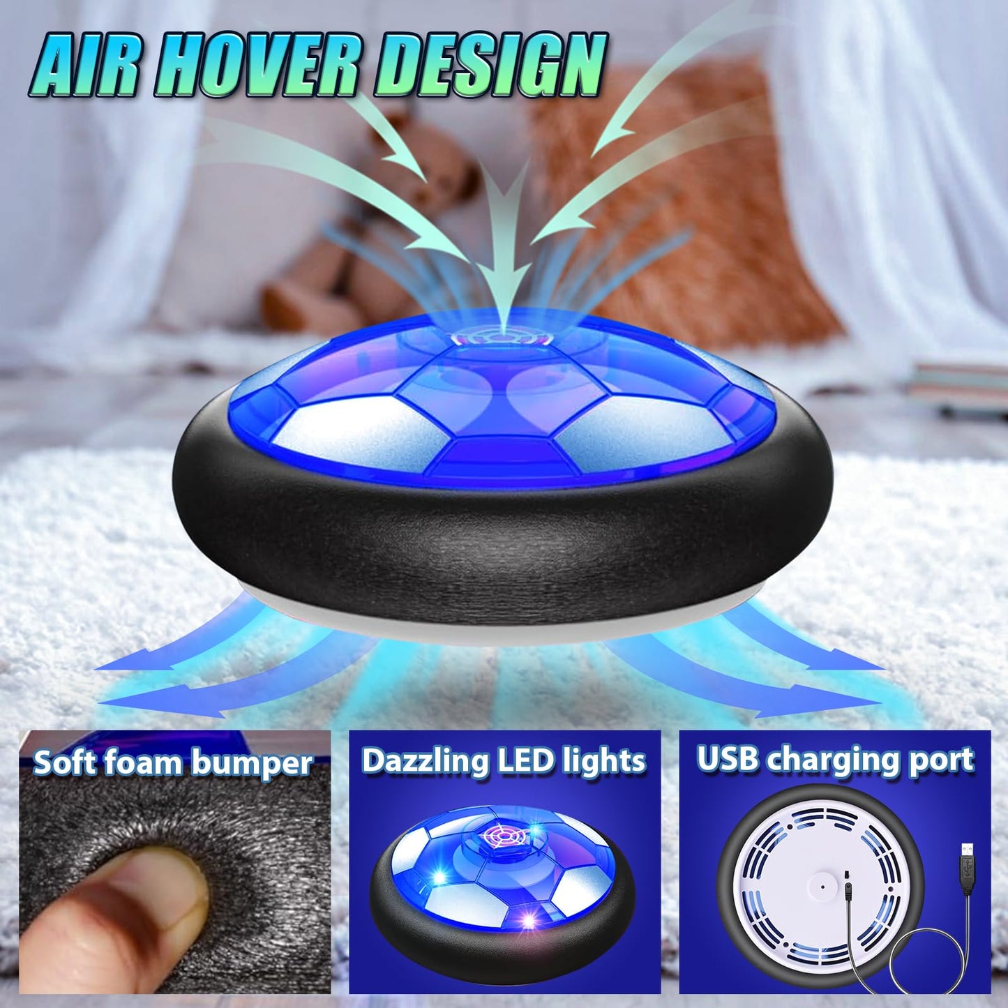 Hover Soccer Ball Toddler Set with LED Lights Indoor Outdoor Toys for Kids, Floating Hover Soccer Ball Toys, USB Charging Soccer Gifts for Boys