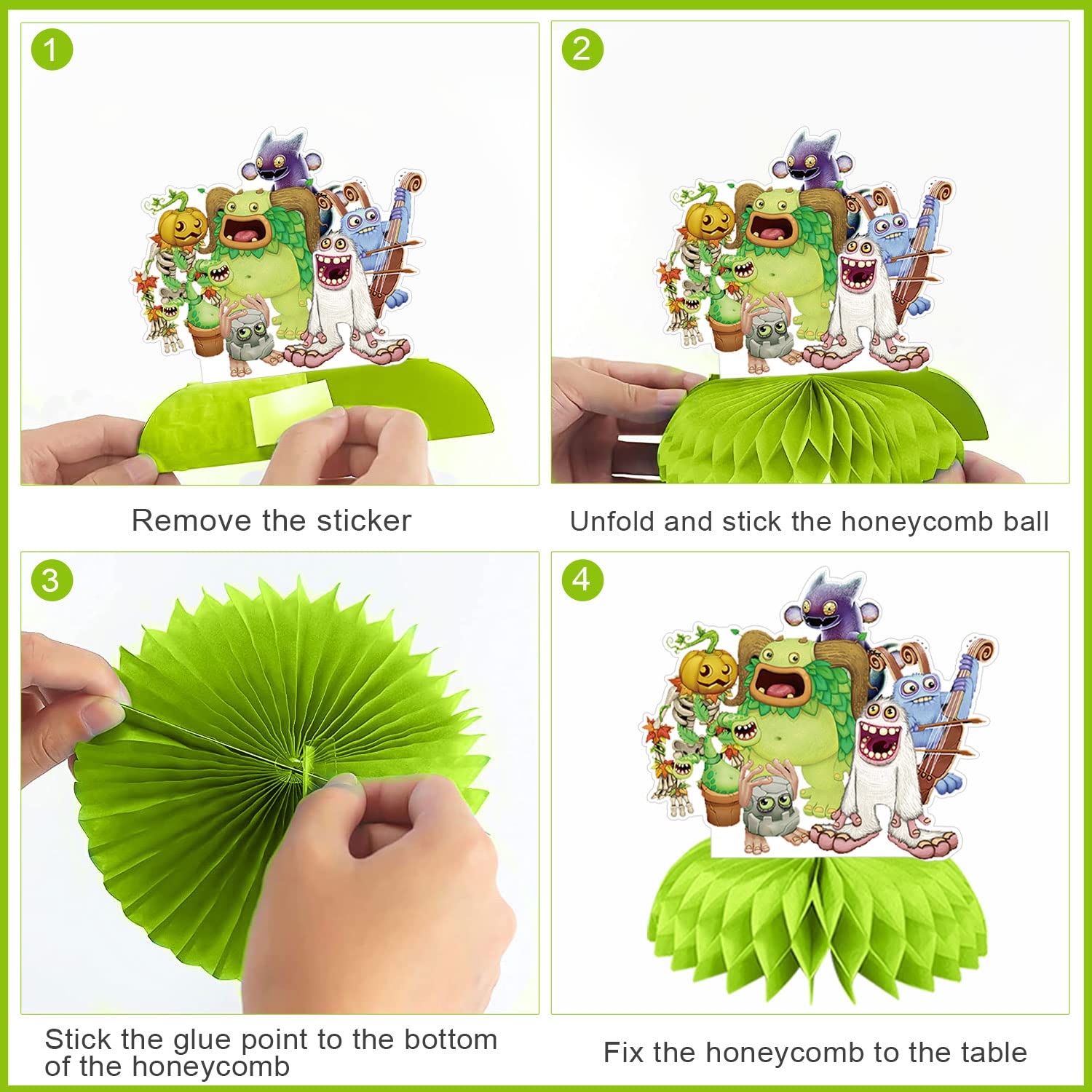 Singing Monsters Party Decorations Honeycomb Centerpiece, 7 Pieces Music Game 3D Double Side Cake Toppers Table Centerpieces, Monsters Photo Backdrop