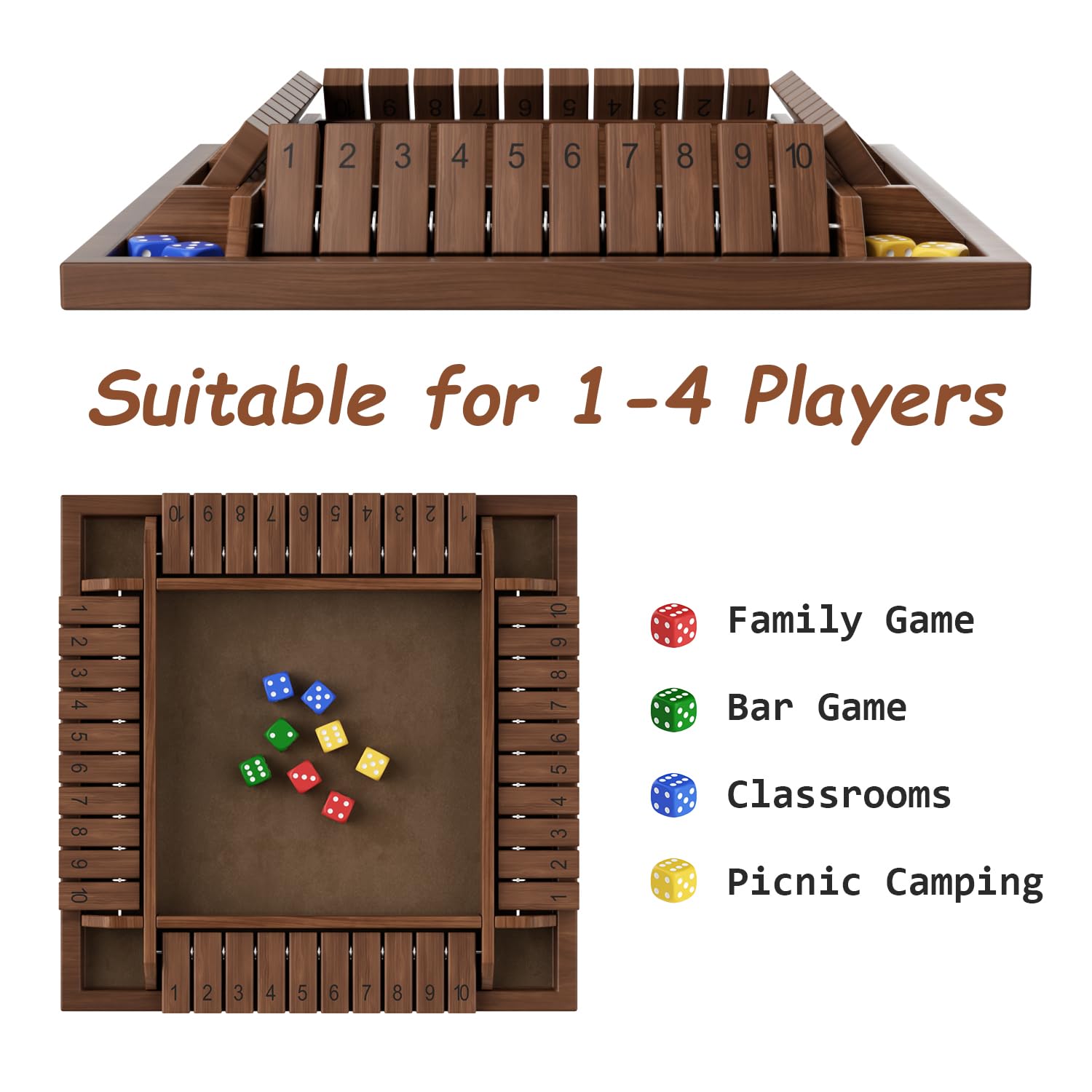PRIMBARBER Shut The Box Game Wooden 1 2 3 4 Players Shut The Box Board Games with 8 Dice Math Addition and Pub Close The Box Game Wodden for Kids