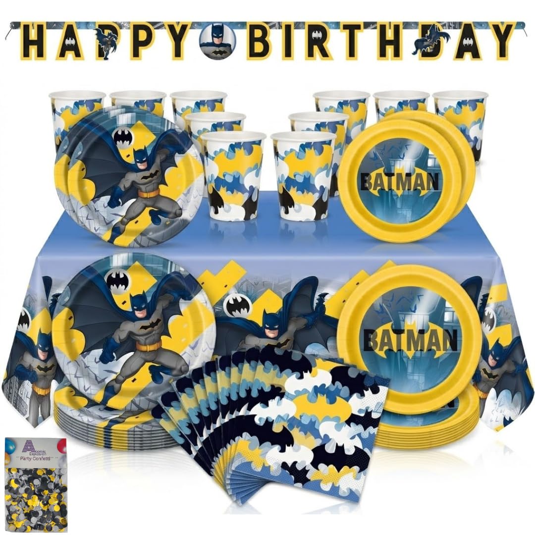 Batman Birthday Decorations Set with Batman Party Decorations and Complete Batman Party Supplies for Kids Superhero Tableware Plates Cups Napkins