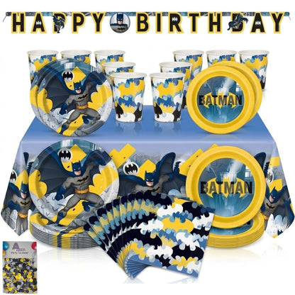 Batman Birthday Decorations Set with Batman Party Decorations and Complete Batman Party Supplies for Kids Superhero Tableware Plates Cups Napkins