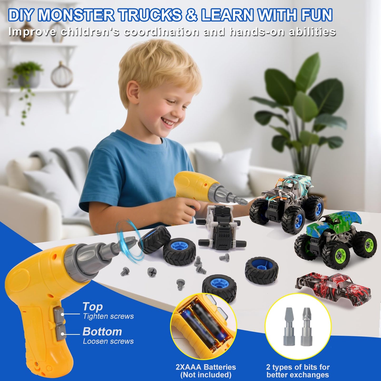 Trovogil Take Apart Monster Truck Toys for Kids 3 4 5 6 7 8 Year Old Boys, STEM Educational Building Toys with Electric Drill & Storage Box Gift
