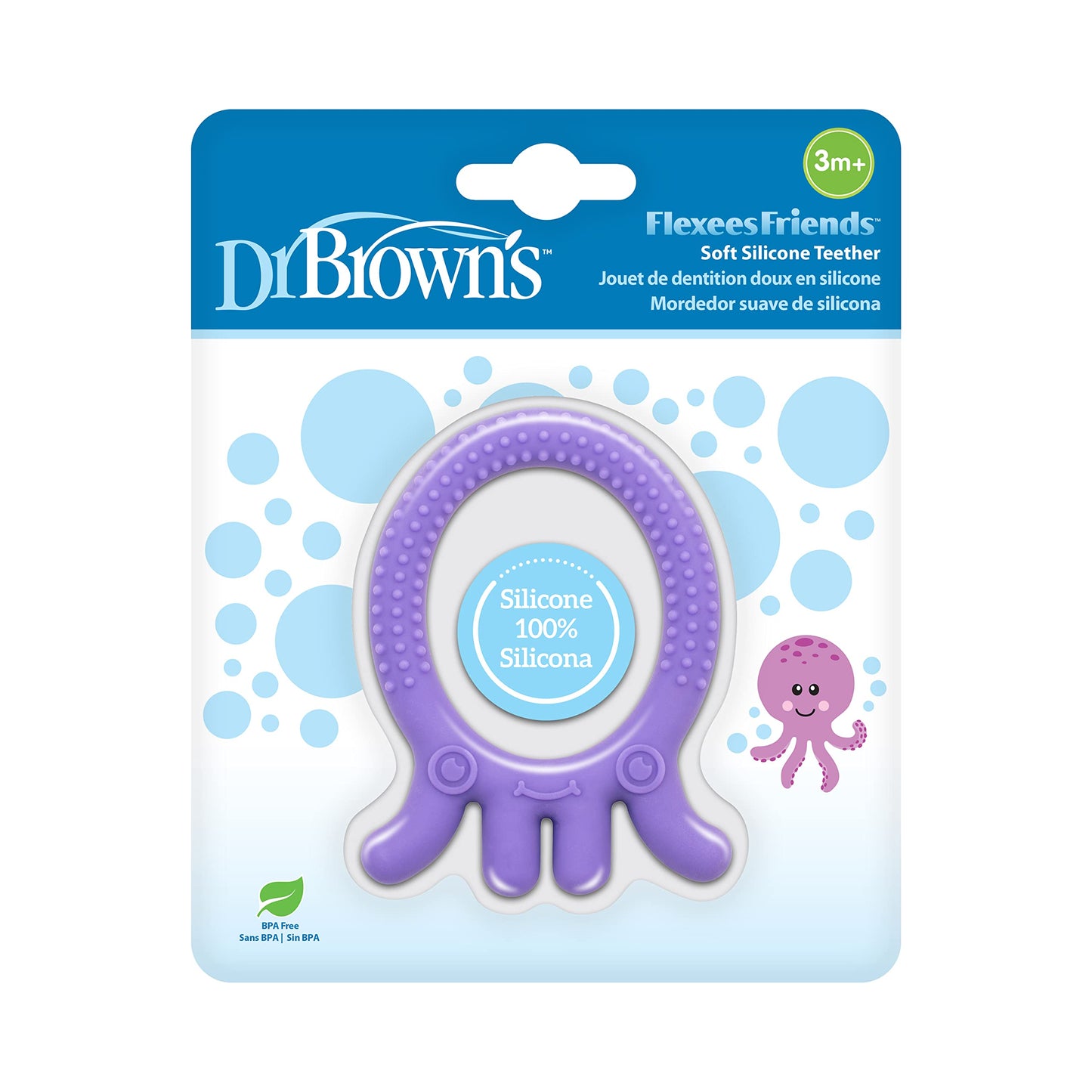 Dr. Brown's Flexees Friends Purple Octopus, Soft 100% Silicone Baby Teether, BPA Free, 3m+