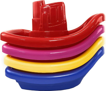 Matty's Toy Stop Plastic Nesting/Stacking Tug Boats (11") Red, Blue, Pink & Yellow Gift Set Bundle, Perfect for Bath, Pool, Beach Etc. - 4 Pack
