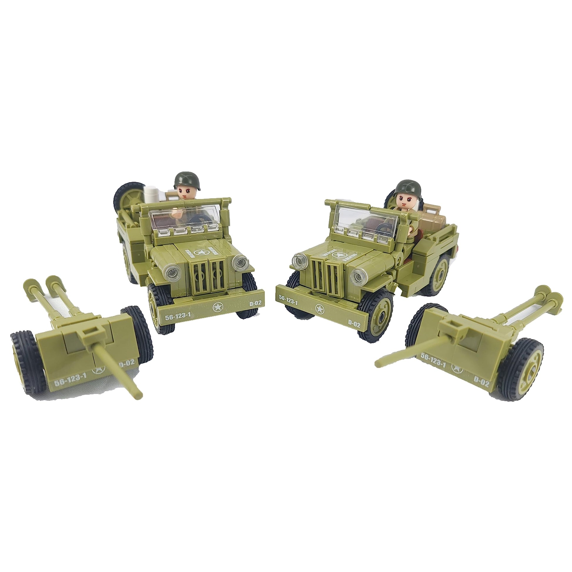 General Jim's WW2 US Army 4x4 Vehicle & Artillery Set Army Green Military Trucks with Tow Cannons, 2 Figures & Custom Weapons Brick Building Set