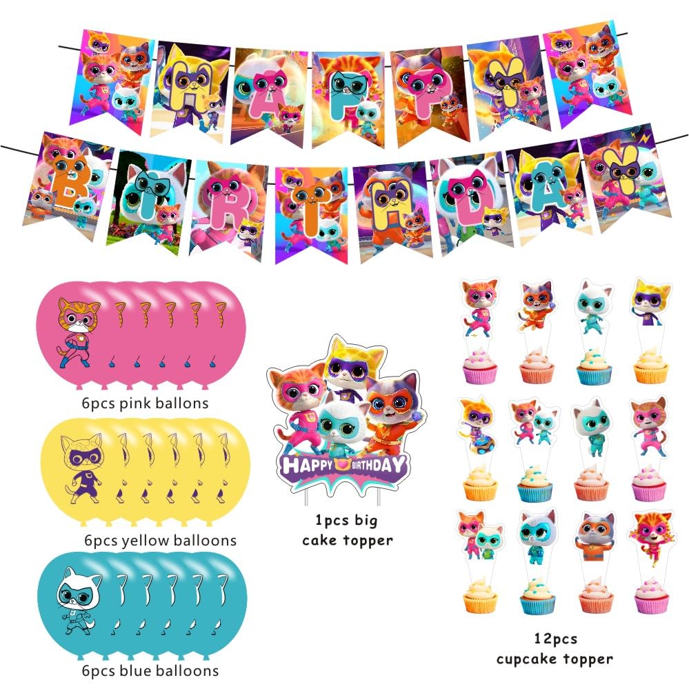 Super Cats Birthday Decorations, Super Cats Party Supplies Include Happy Birthday Banner, Cake Topper and Cupcake Toppers, Balloons for Kids Party