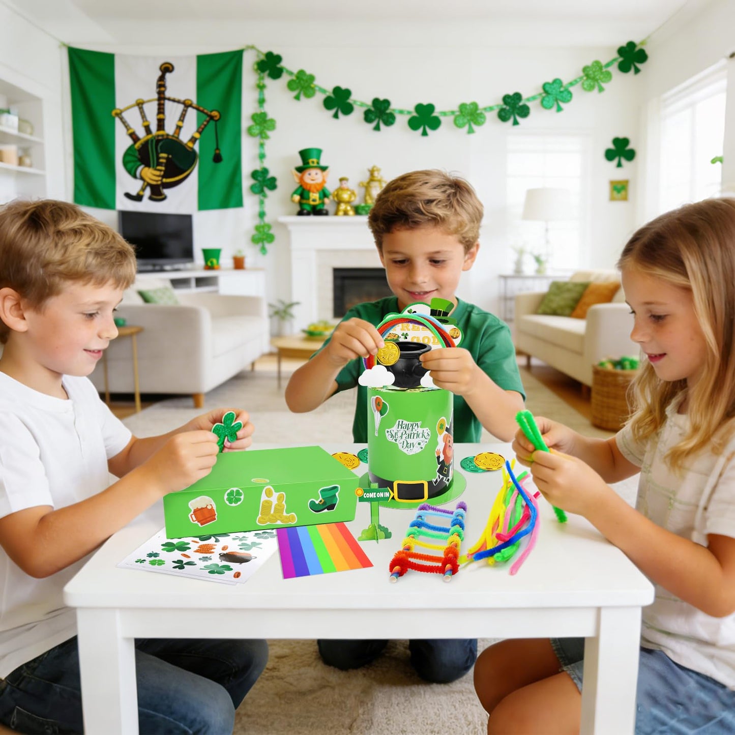 whumsdog St. Patrick's Day DIY Leprechaun Trap Kit for Kids- Craft Catch a Leprechaun Trap Set with Cauldron Kettles, Theme Stickers, Shamrock Coins |