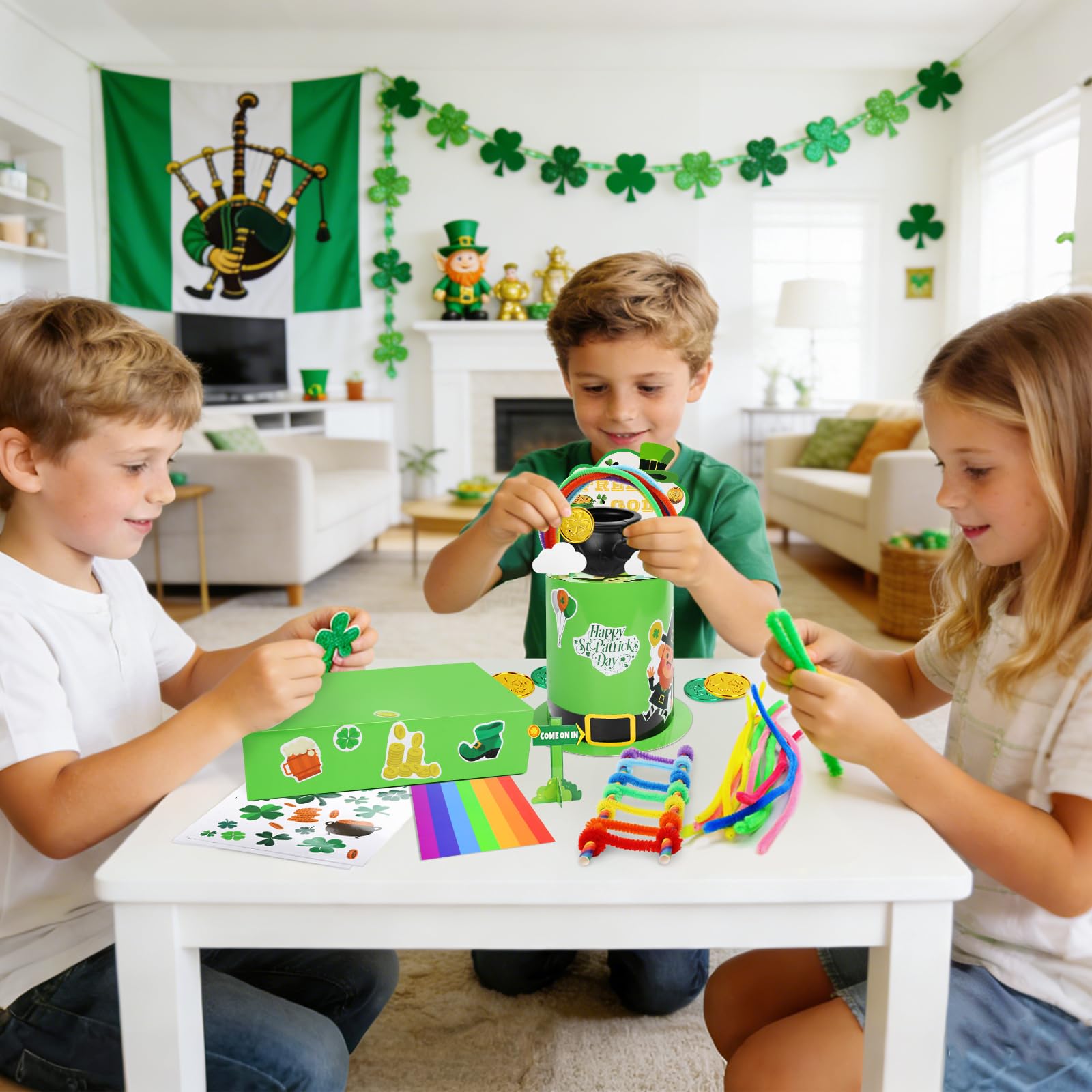 whumsdog St. Patrick's Day DIY Leprechaun Trap Kit for Kids- Craft Catch a Leprechaun Trap Set with Cauldron Kettles, Theme Stickers, Shamrock Coins |