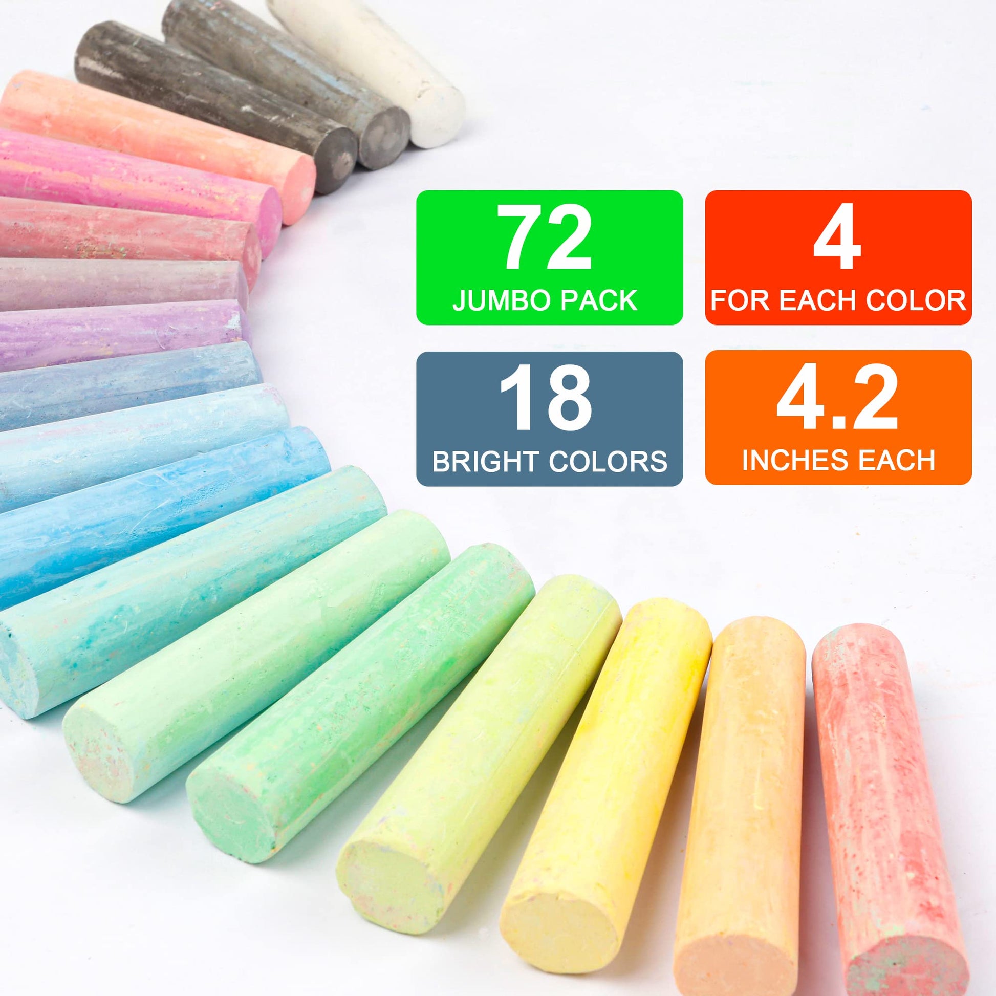 feela Jumbo Sidewalk Chalk, 72 Pack Non-Toxic Outdoor Chalk Set For Kids, 18 Colors