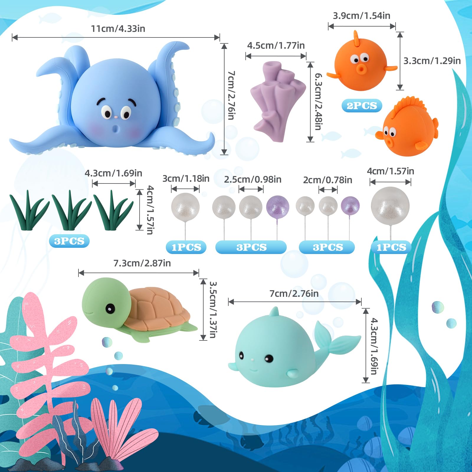 17 PCS Under the Sea Cake Decorations Ocean Animals Cake Topper with Cake Balls Decorations for Under the Sea Theme Boys Girls Baby Shower Birthday