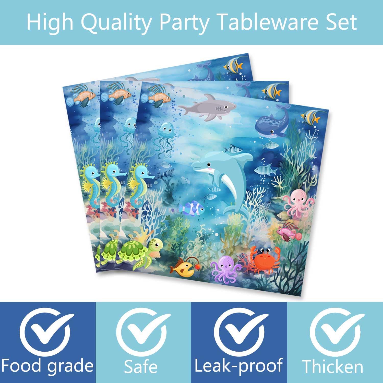 Letromp 80 Pcs Under The Sea Party Supplies Ocean Disposable Paper Plates Napkins Forks Dinnerware for Underwater World Sea Life Theme Baby Shower 1st