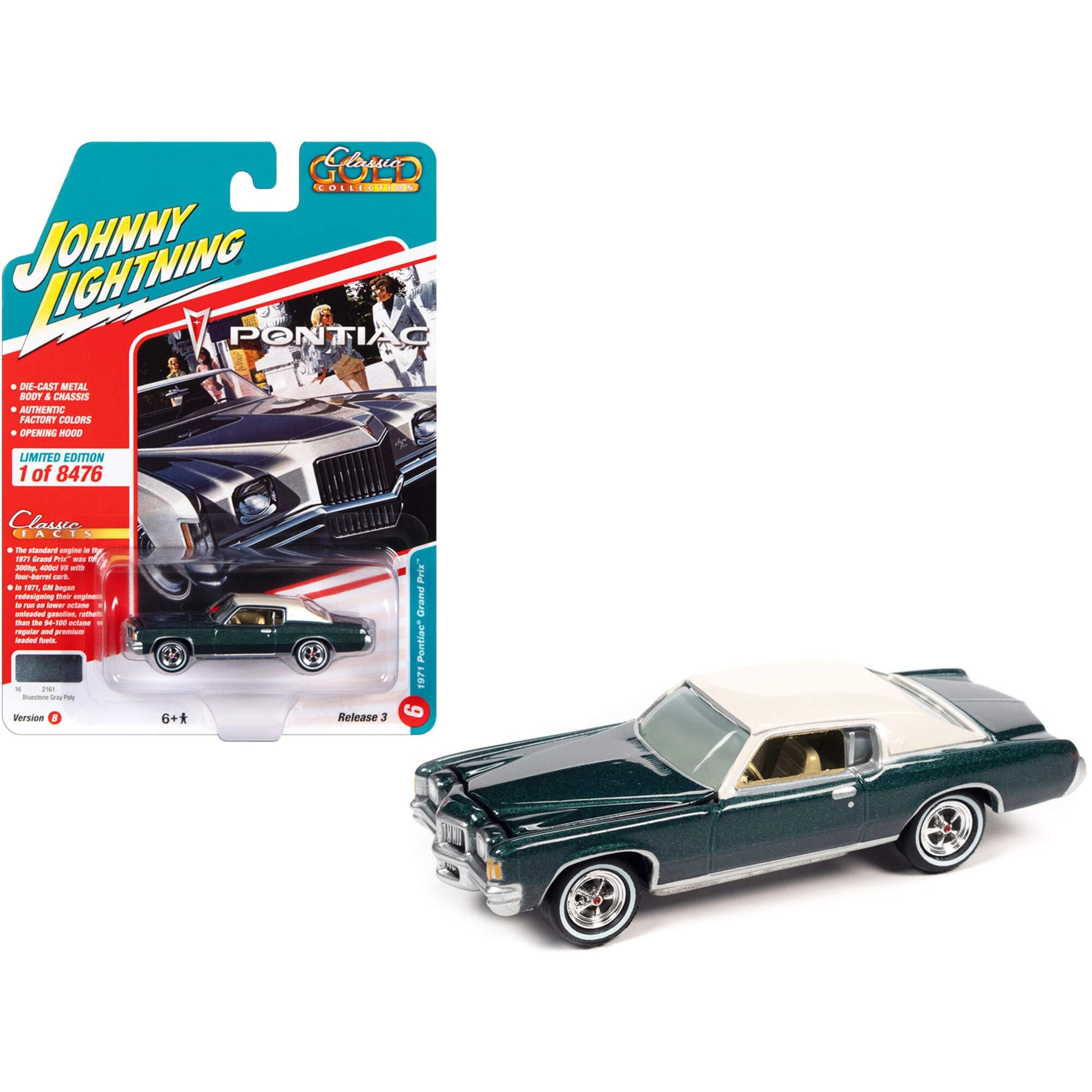 Johnny Lightning 1971 Pontiac Grand Prix Bluestone Gray Metallic with White Top Classic Gold Collection Series Limited Edition to 8476 Pieces