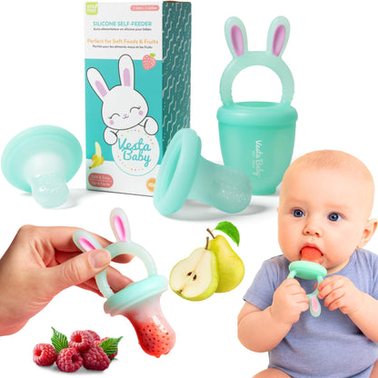 Vesta Baby Fresh + Frozen Food Feeder - 2 Sizes Soft Silicone Push Pop Fruit Nibbler for Safe Infant Self Feeding - Solid Foods Weaning & Teether Set