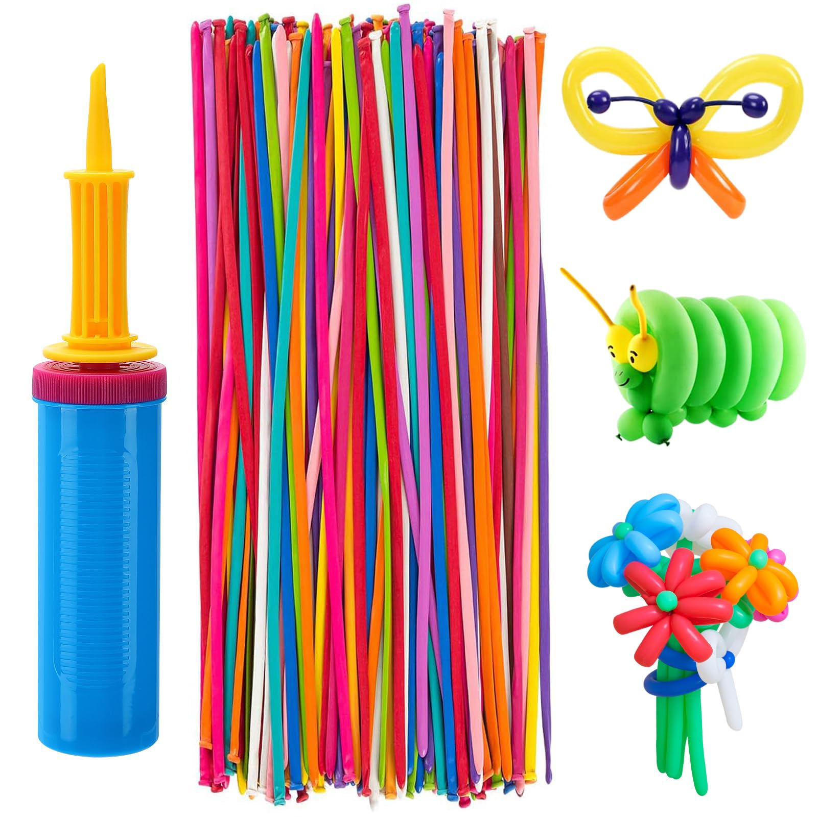 100 Pcs 260 Balloons Kit with Pump - Kids Premium Latex Twisting Long Balloons to Make Animals Flowers, Fun Rainbow Balloons for Party Boys Girls