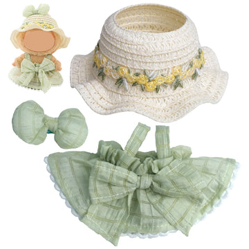 Fashion Outfit Set for 15-17 cm Collectible Figures - Green Dress, Straw Hat & Hair Clip, Figure Accessories Only