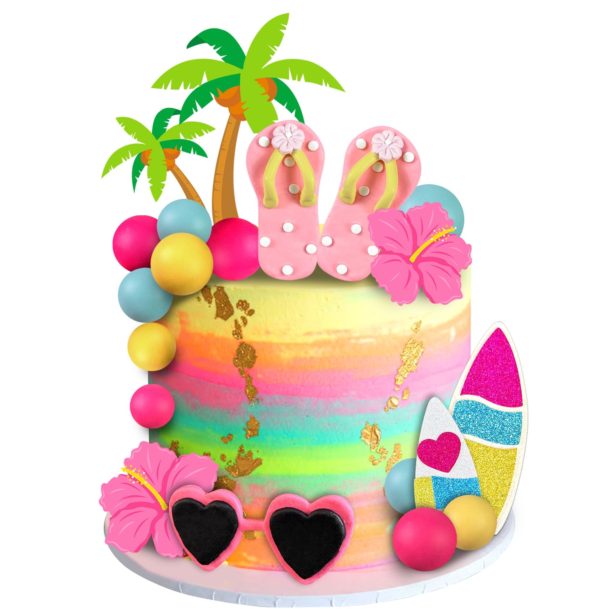 18 PCS Beach Cake Topper Summer Hawaiian Cake Decorations with Slipper and Sunglasses Clay for Swimming Pool Aloha