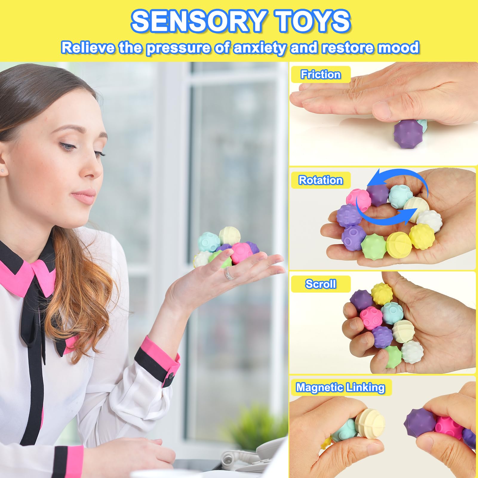 10Pcs Rainbow Texture Sensory Fidget Toy, Multi-Color Educational Science Kit for Anxiety Relief, 28mm DIY Mutual Attraction Desk Balls for Kids