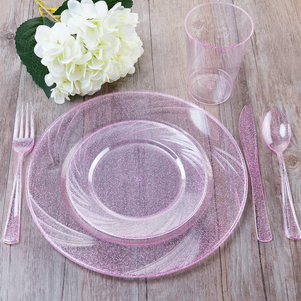 WDF Rose Gold Pink Plastic Plates with Pink Plastic Silverware include 40 Dinner & Salad Plates, 40Forks, 40 Knives, 40 Spoons for Party Baby Shower