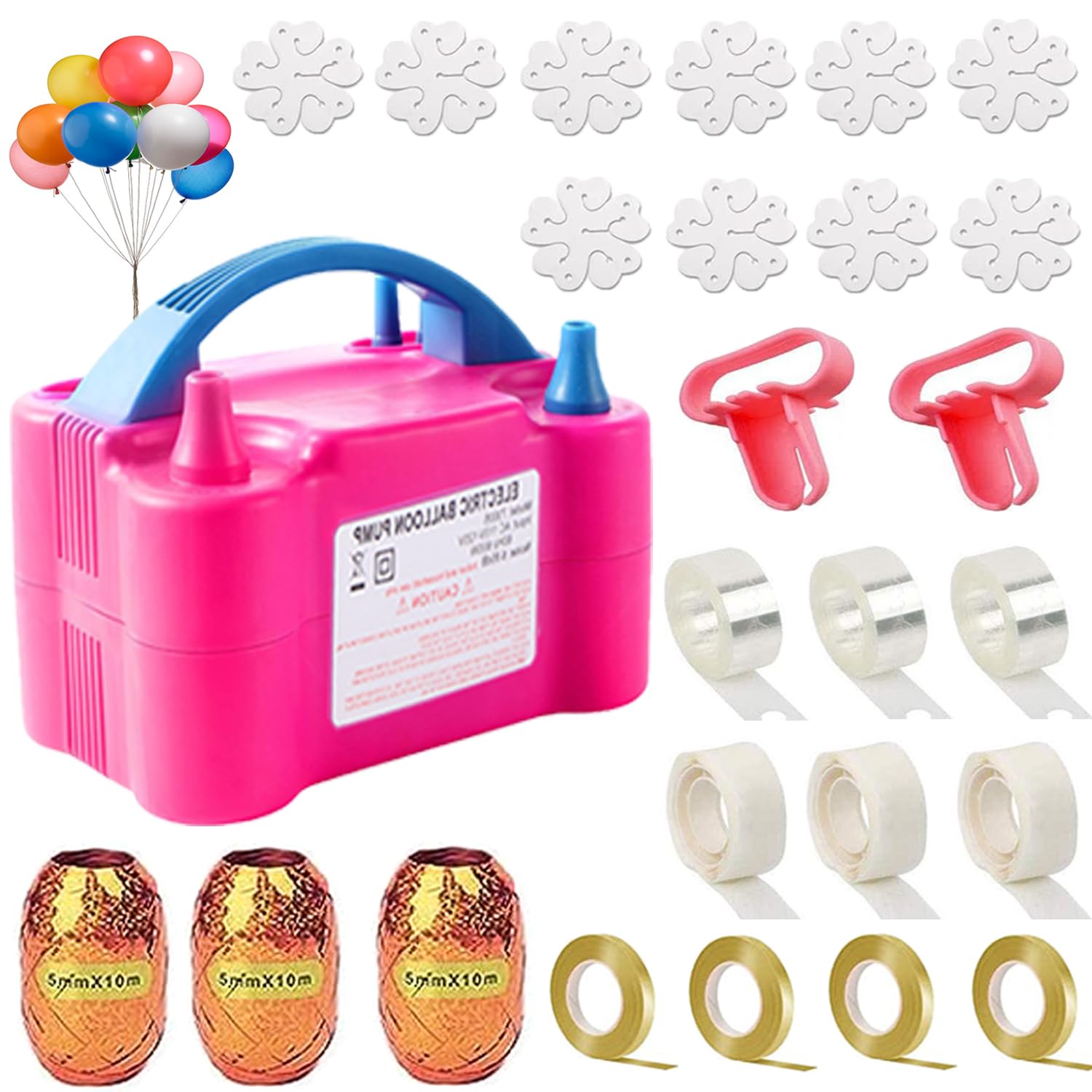 Balloon Pump Electric, 110V-120V Portable Dual Nozzle Balloon Blower with Tying Tools, Clips, Strips, Glues, Ribbons for Birthday Party Wedding