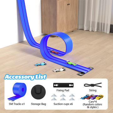 16FT Flexible Race Track with 4 Cars - DIY Car Ramp Track for Jumps, Loops, Ramps - Portable Roll-Up Dual Racetrack for Indoor Outdoor Play, Ages 3+