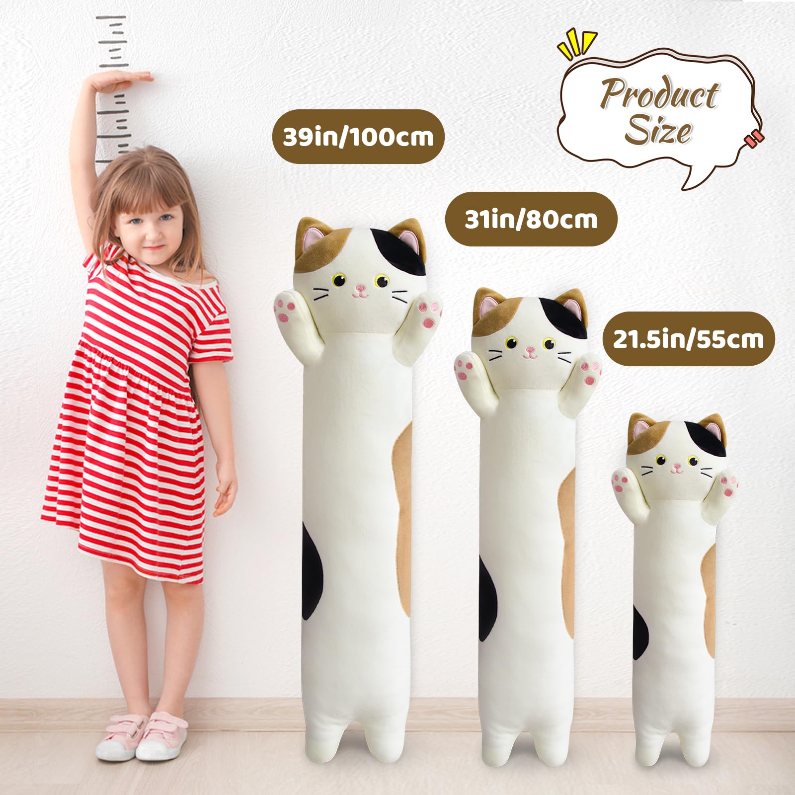 JEROKUMI Calico Cat Long Plush Pillow - 22" Soft Cat Body Pillow, Cuddly Stuffed Animal Plushie, Cute Plushies Kawaii Birthday Gift for Cat Lovers