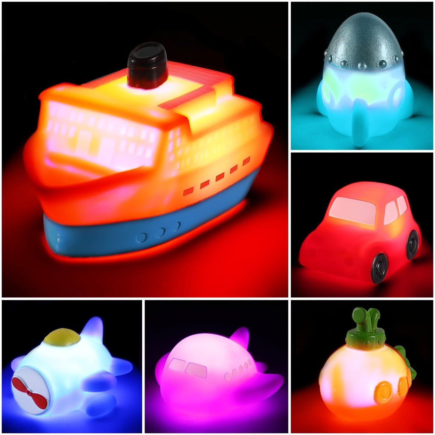 6 Packs No Hole Boat Bath Toy Set, Light up Changing Color in Water, Floating Rubber Bathtub Toys for Baby Toddler Infant Boy Girl Kid Play, Led