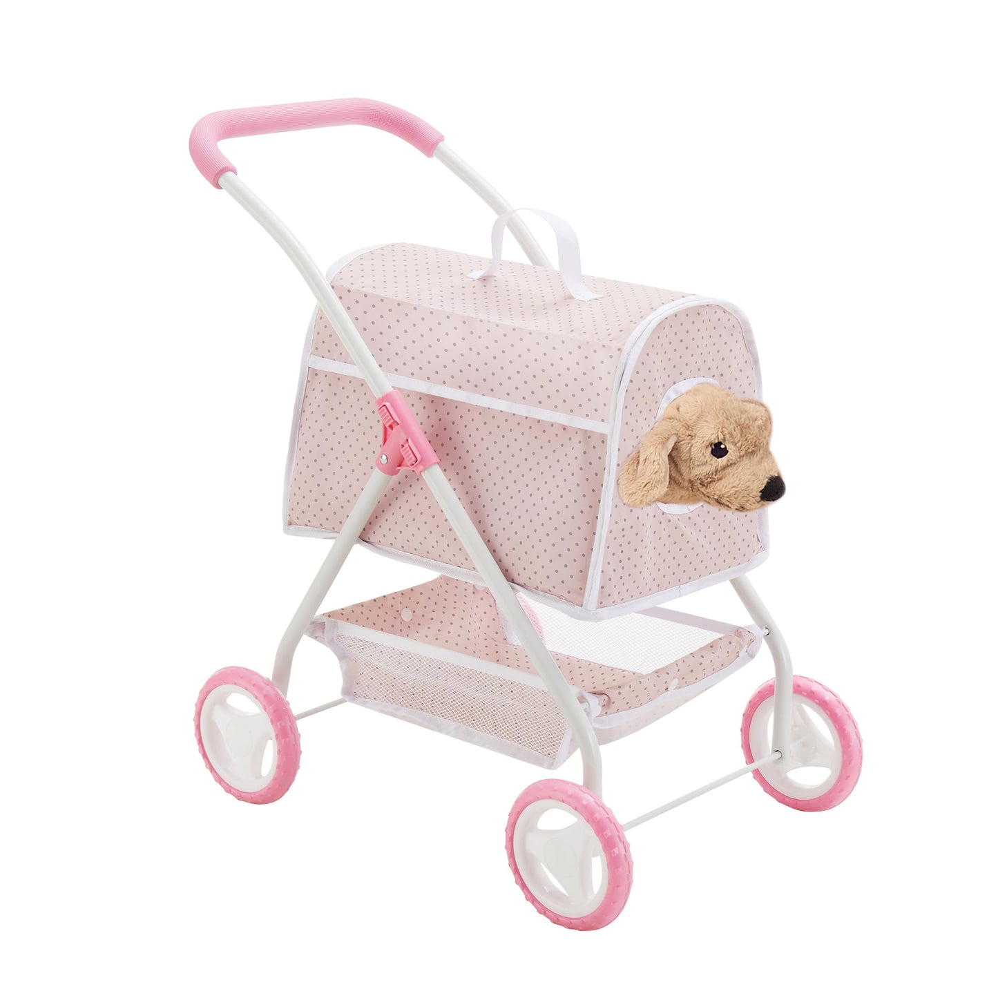 Olivia's Little World Polka Dots Princess Doll Animal Stroller with Detachable Toy Pet Carrier - Pet Doll Pram for 3 yrs and Up - Pink/Gray