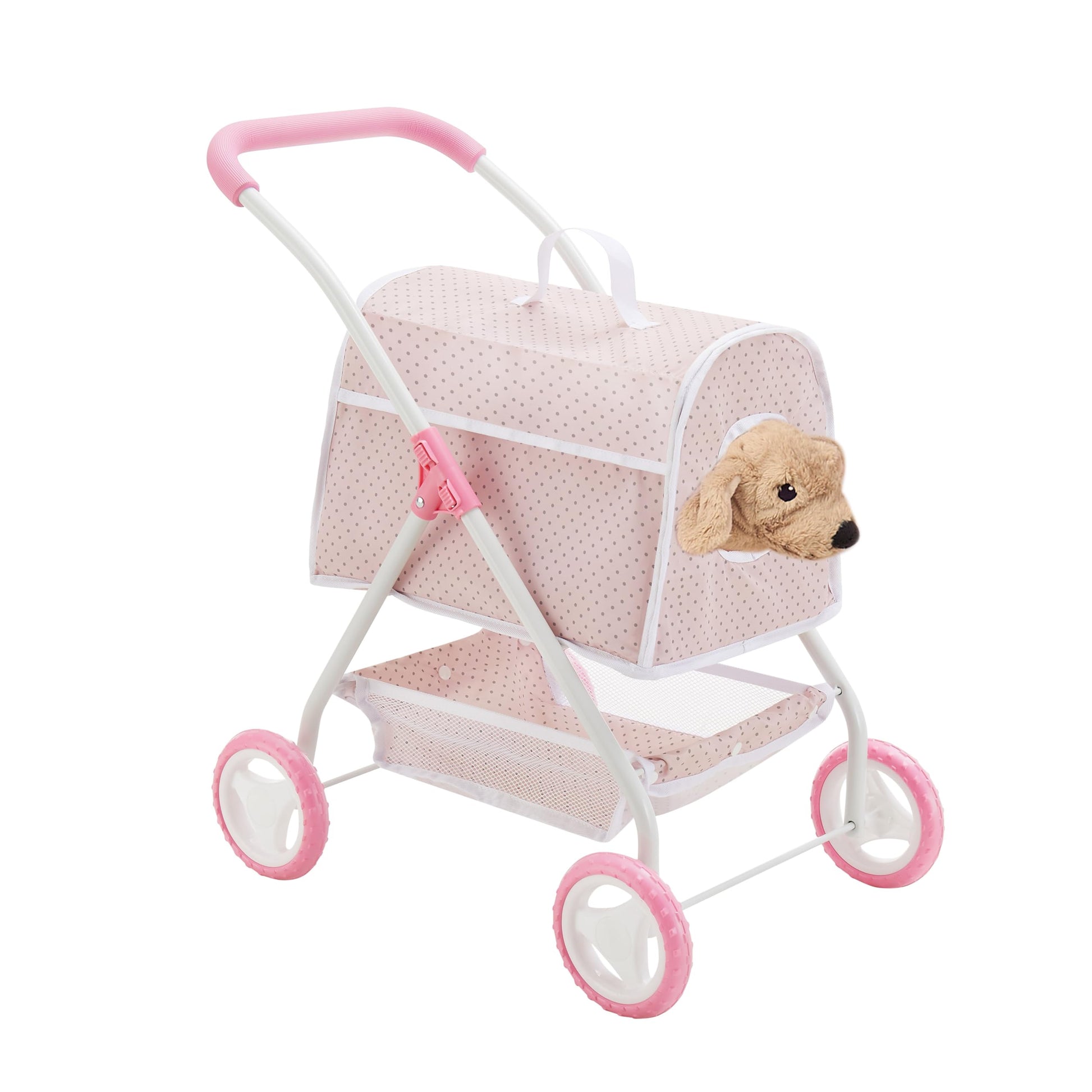 Olivia's Little World Polka Dots Princess Doll Animal Stroller with Detachable Toy Pet Carrier - Pet Doll Pram for 3 yrs and Up - Pink/Gray