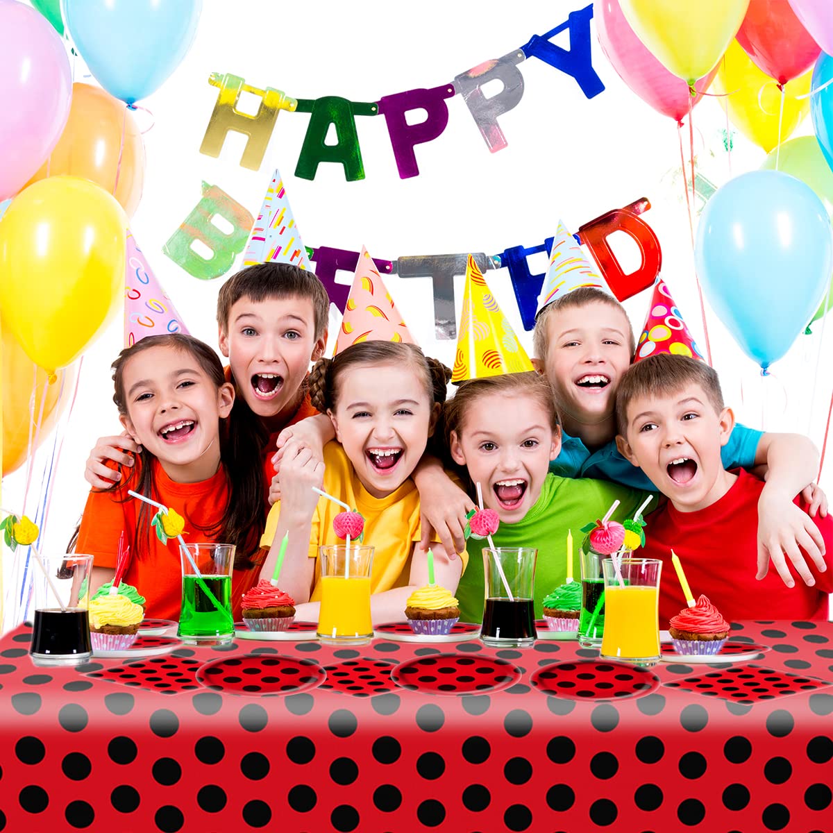 Ladybug Party Tableware Sets,20 Plates and 20 Napkins and Tablecloth87 '' x 52 '',Ladybug Theme Party Decorate Supplies