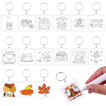 XEQWZVFR 60Pcs Keychains Crafts Color Your Own Keyring DIY Acrylic Keychains Bulk Turkey Pumpkin Acorn Paper Crafts Gifts Kit for Sunday School