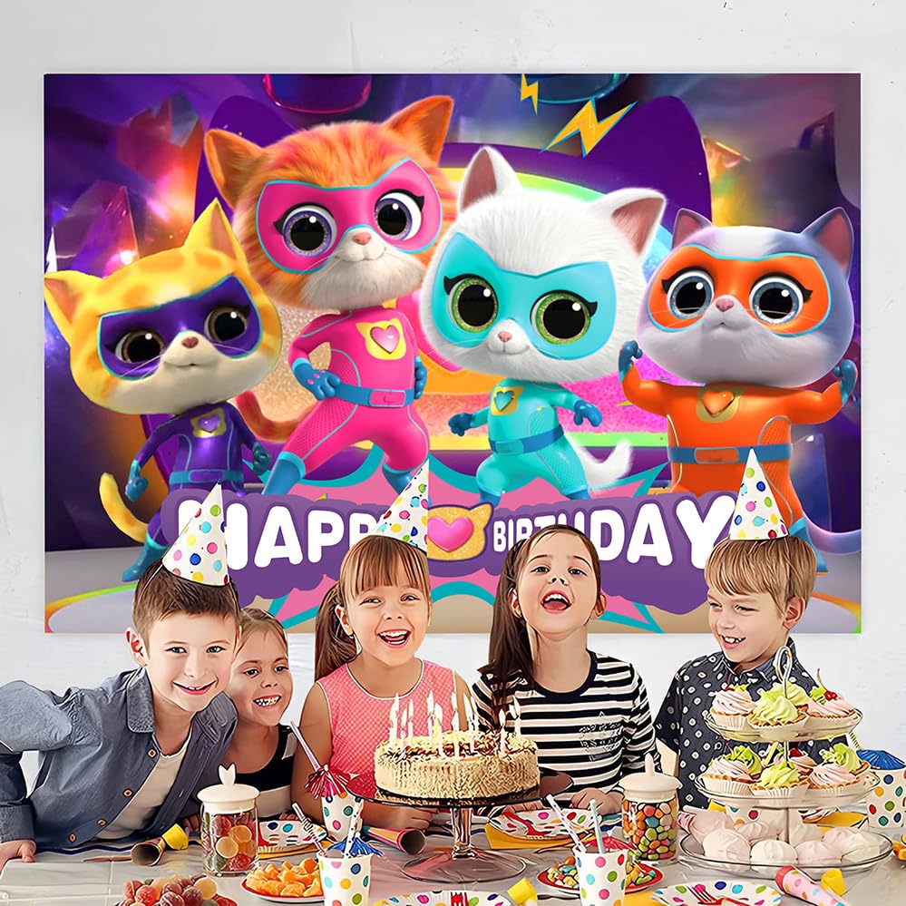 Super Cats Birthday Decorations,Super Cats Happy party Banner Backdrop for Kids Birthday Party Supplies (5x3ft)