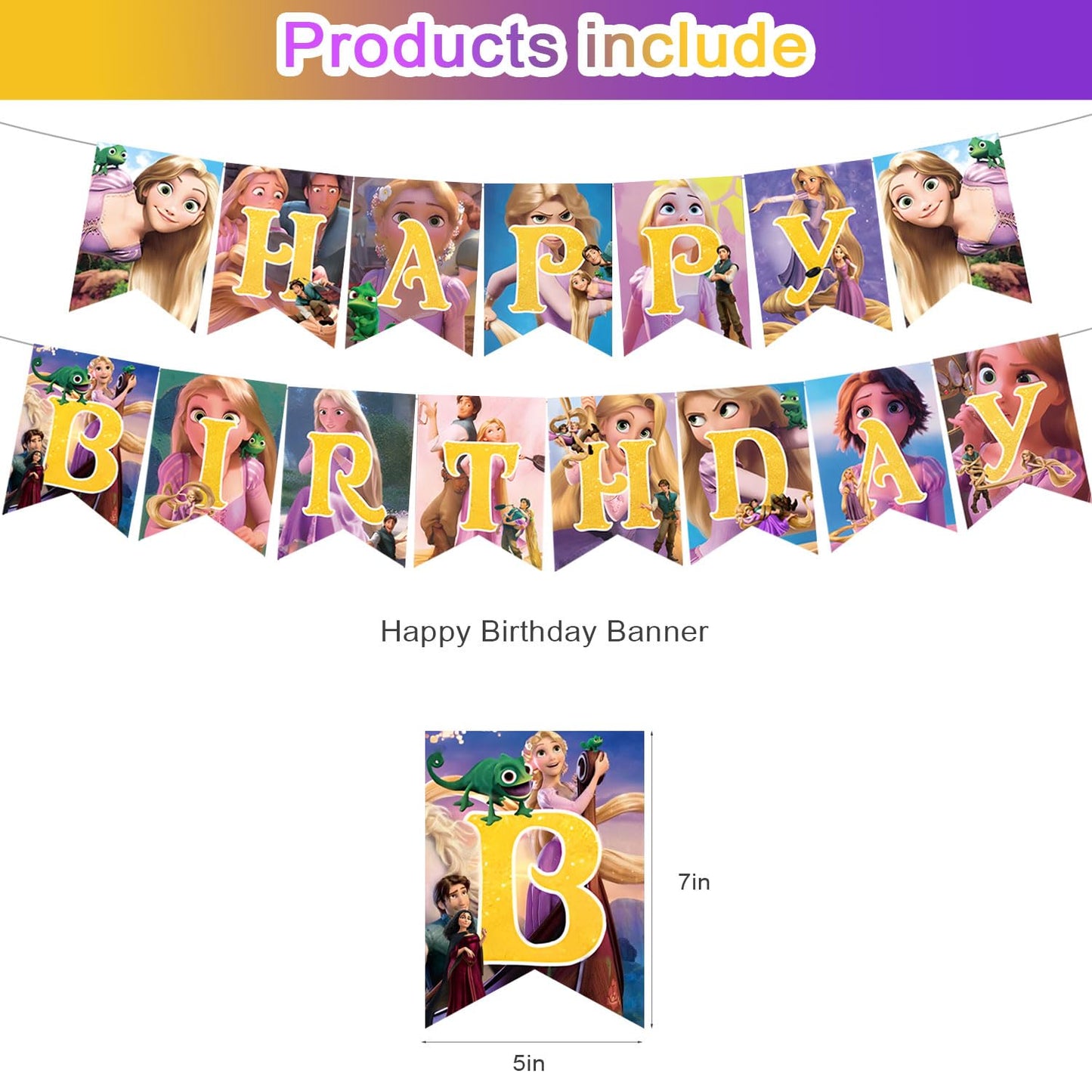 Long Hair Princess Birthday Party Decorations,Princess Party Supply Set for Kids with Happy Birthday Banner, Swirls,Centerpieces,18Balloons