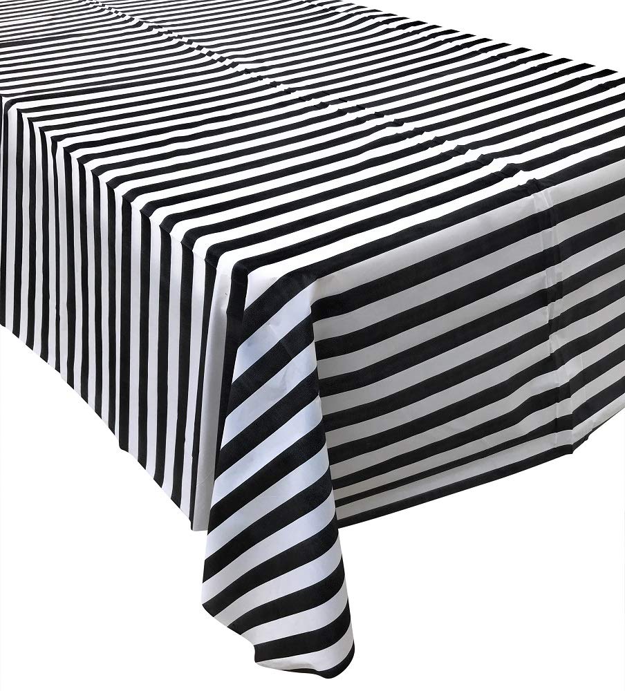 Oojami Black White Striped Plastic Tablecloths 54x108 Inch - 8 Pack Disposable Rectangle Table Covers for Party Wedding Birthday - Waterproof Picnic