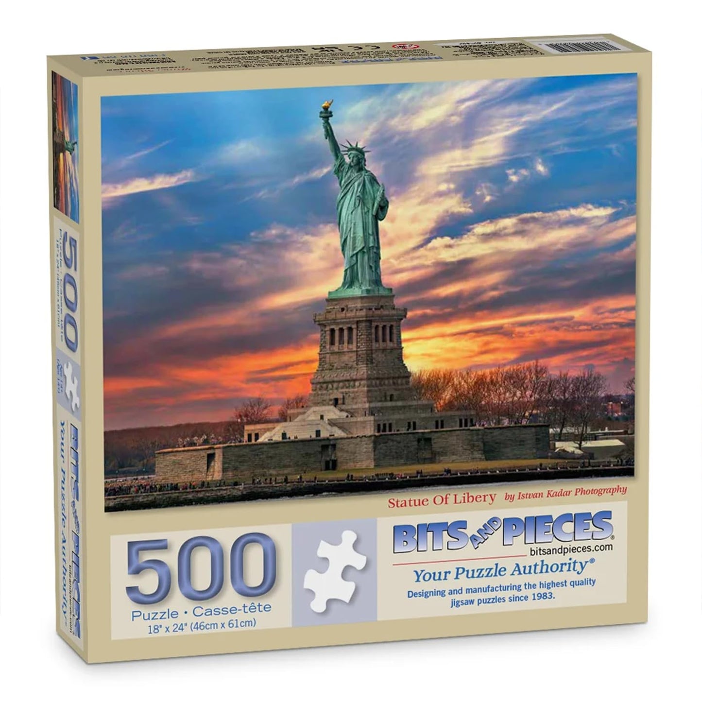 Bits and Pieces 500 Piece Puzzles for Adults - Large 18" x 24" Jigsaw Puzzles 500 Pieces Sunset on Liberty Island, Random Die Cut, No 2 Pieces Alike