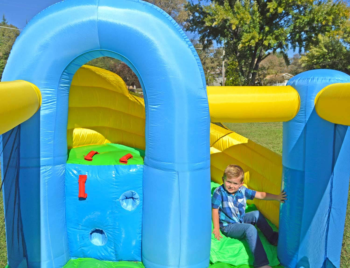 Island Hopper Curved Double Slide Recreational Bounce House with Safe Return Curved Slide and Climbing Wall - Indoor or Outdoor Bouncy Castle