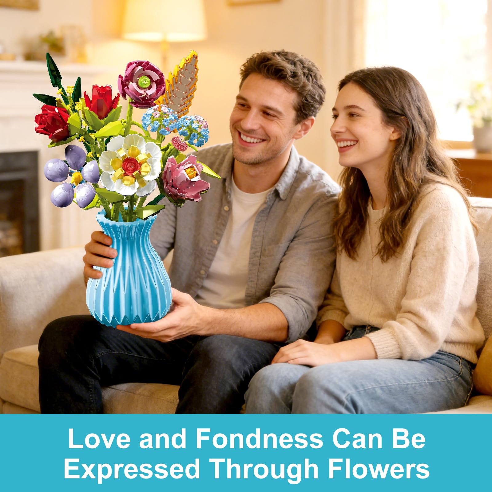 Flowers Bouquet Building Set with Vase Compatible with Lego, 691PCS Artificial Flowers for Home Decor, Wildflower Botanical Collection for Home Decor