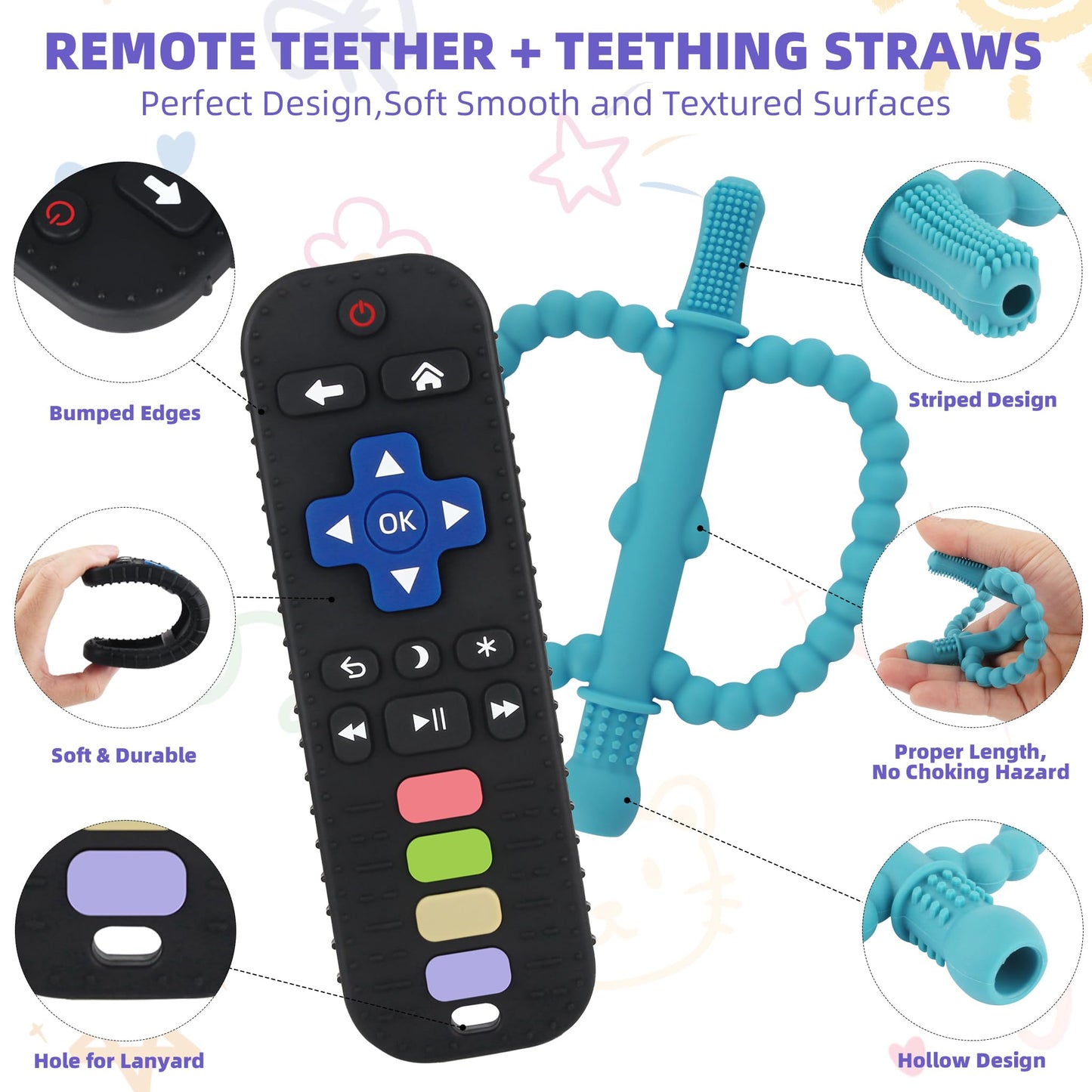 Teething Toys for Babies 0-6 6-12 12-18 Months Bpa Free Teething Sticks and Remote Teether for Babies Baby Sensory Chew Toys for Infants 0-18 Months