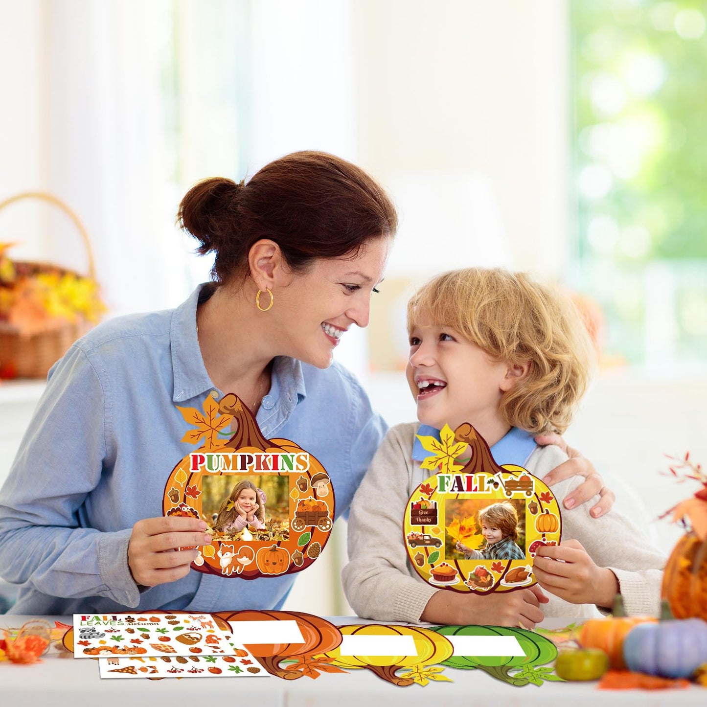 BLSUREFYX 36 Sets Fall DIY Picture Frames Craft Kit 6.8 x 6.3 Inch Autumn Pumpkin Photo Frames Ornaments with Autumn Stickers for Thanksgiving