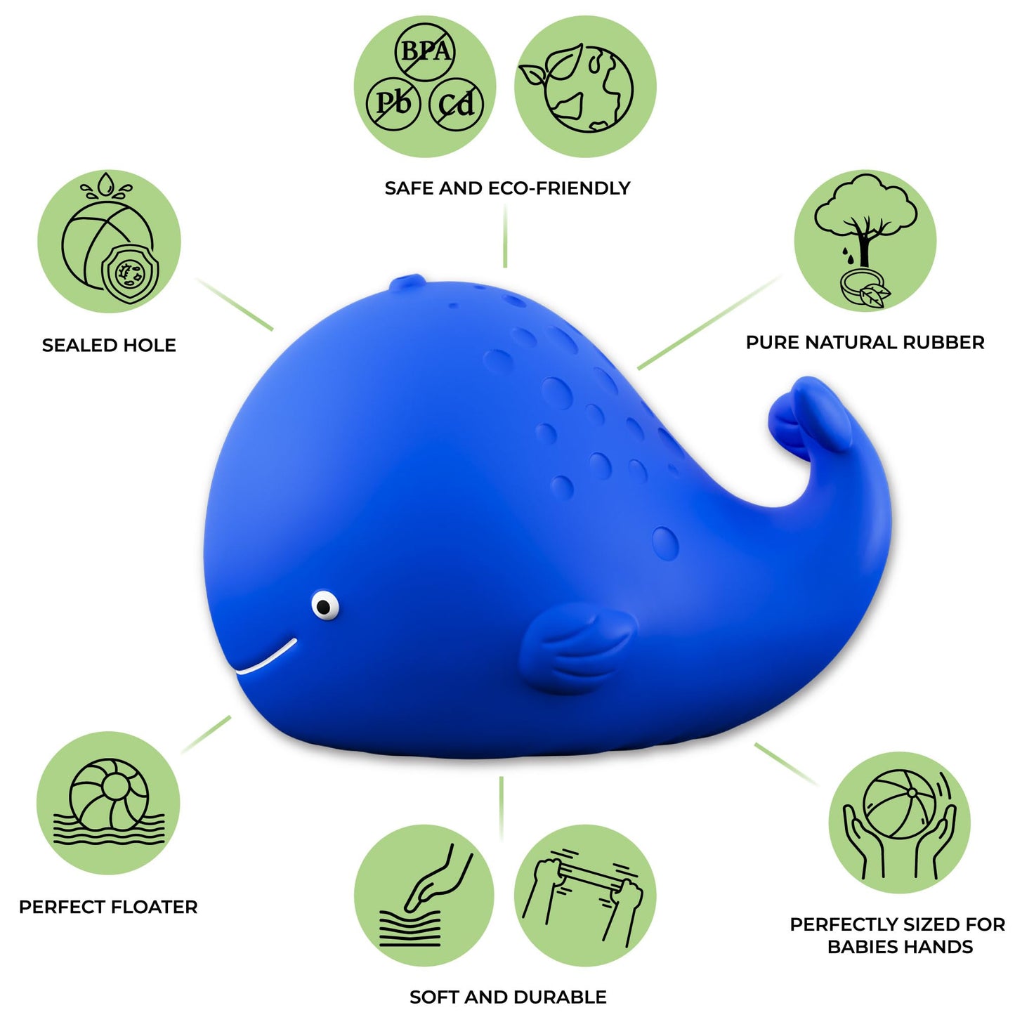 caaocho Pure Natural Rubber Bath Toy - Kala the Whale Baby Toy - Hole Free, BPA Free Bath Toys for Infants, Without Holes Sealed Natural Rubber