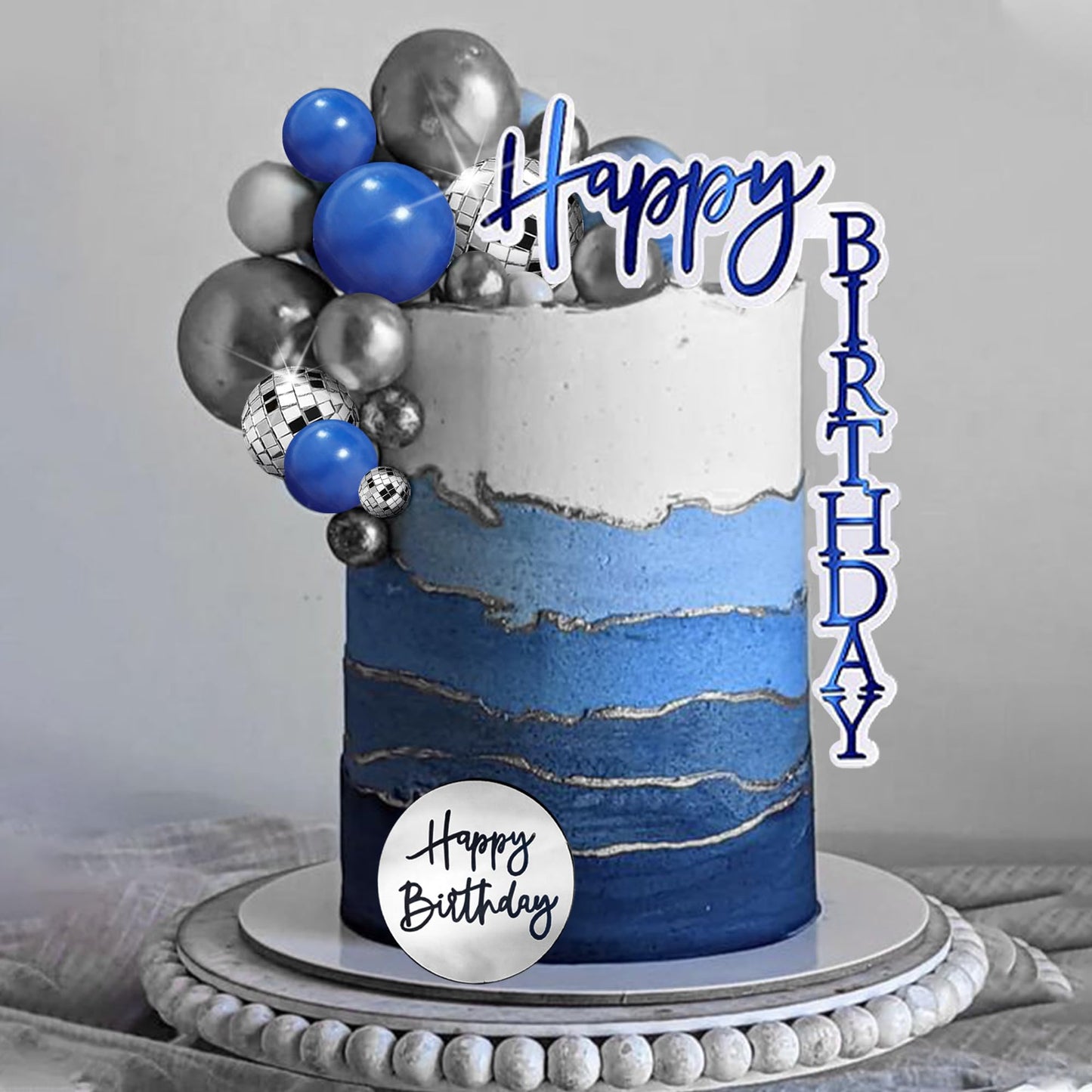 Man Cake Topper Blue Silver Disco Ball Boho Cake Topper Decorations for Navy Blue Boho Wedding Man Birthday (Blue 02)