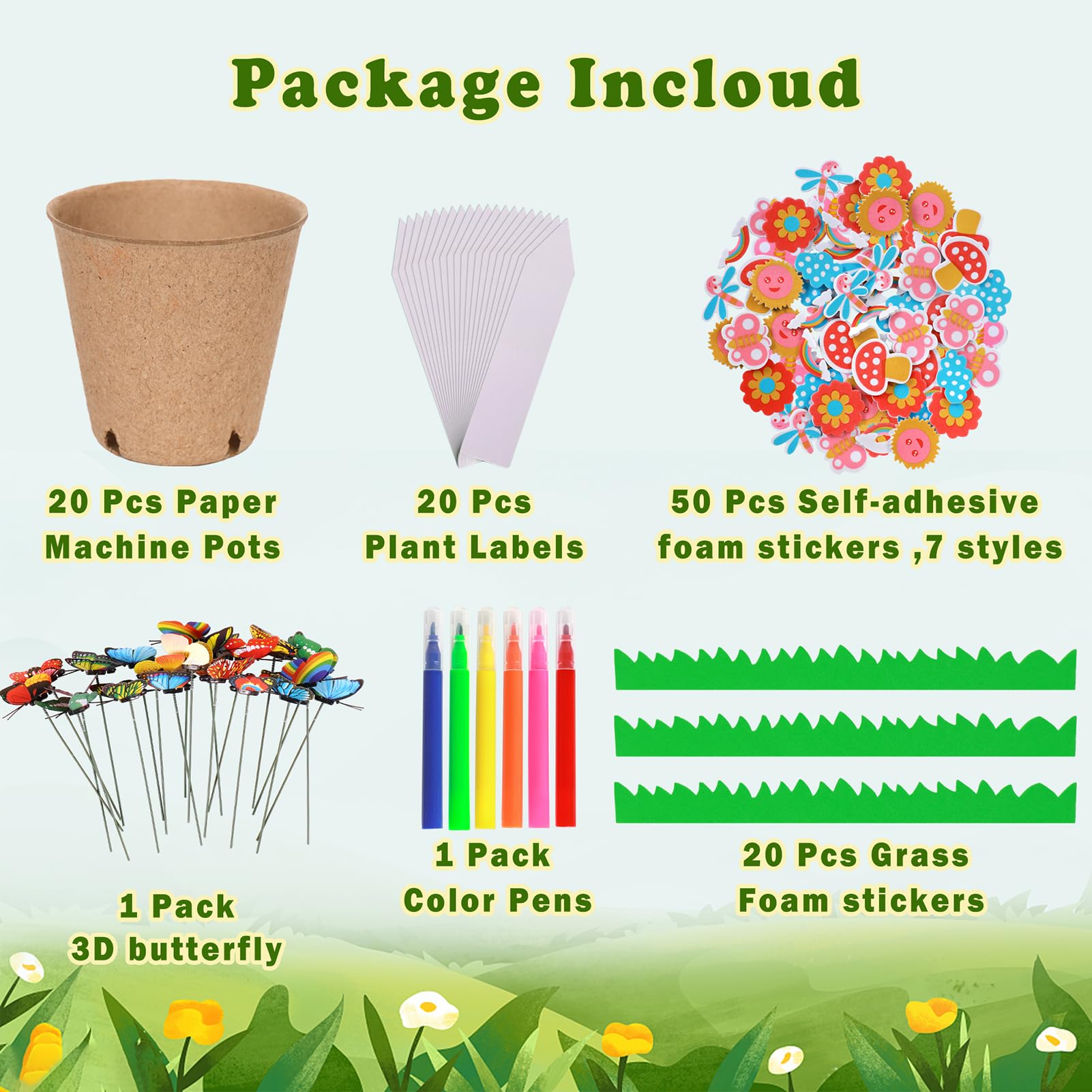 Garden Paper Pot Craft Kit 20 Pack Flower Plant Summer Craft with 50pcs Adhesive Foam Stickers 20pcs Paper Mache Pots Label Pen Flower Planting