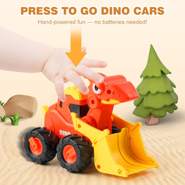 Dinosaur Push Cars for Toddlers 1-3 - 4 Pack Press & Go Dino Vehicles with T-Rex, Triceratops, Raptor & Brachiosaurus, Friction Powered Baby Car Toys